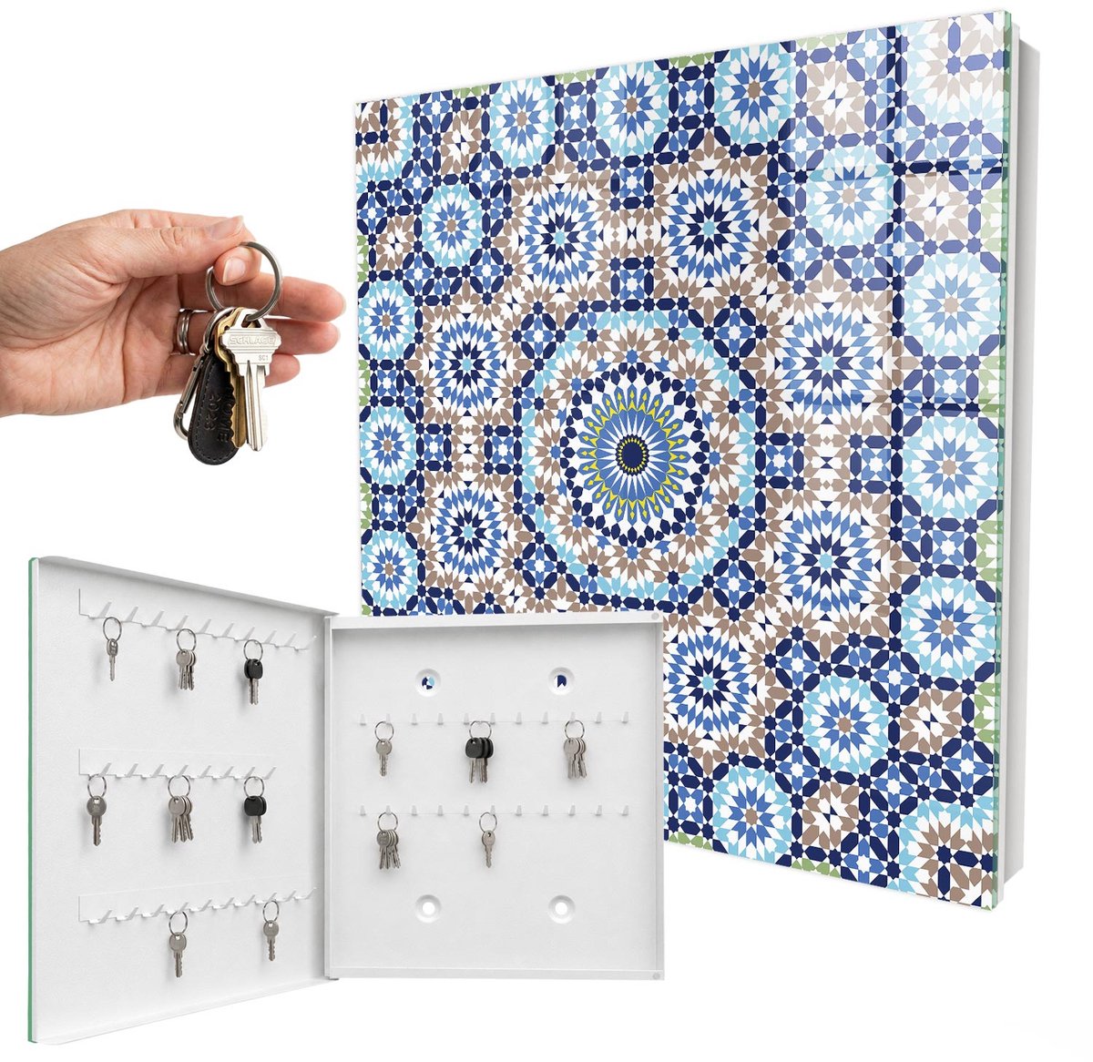 WallMuralia - Sleutelkast - 30x30x5 cm - met 50 haken - Oosterse Mozaïek Sleutelkastje - Blauw Sleutelbox - Linksopenend - Wit interieur