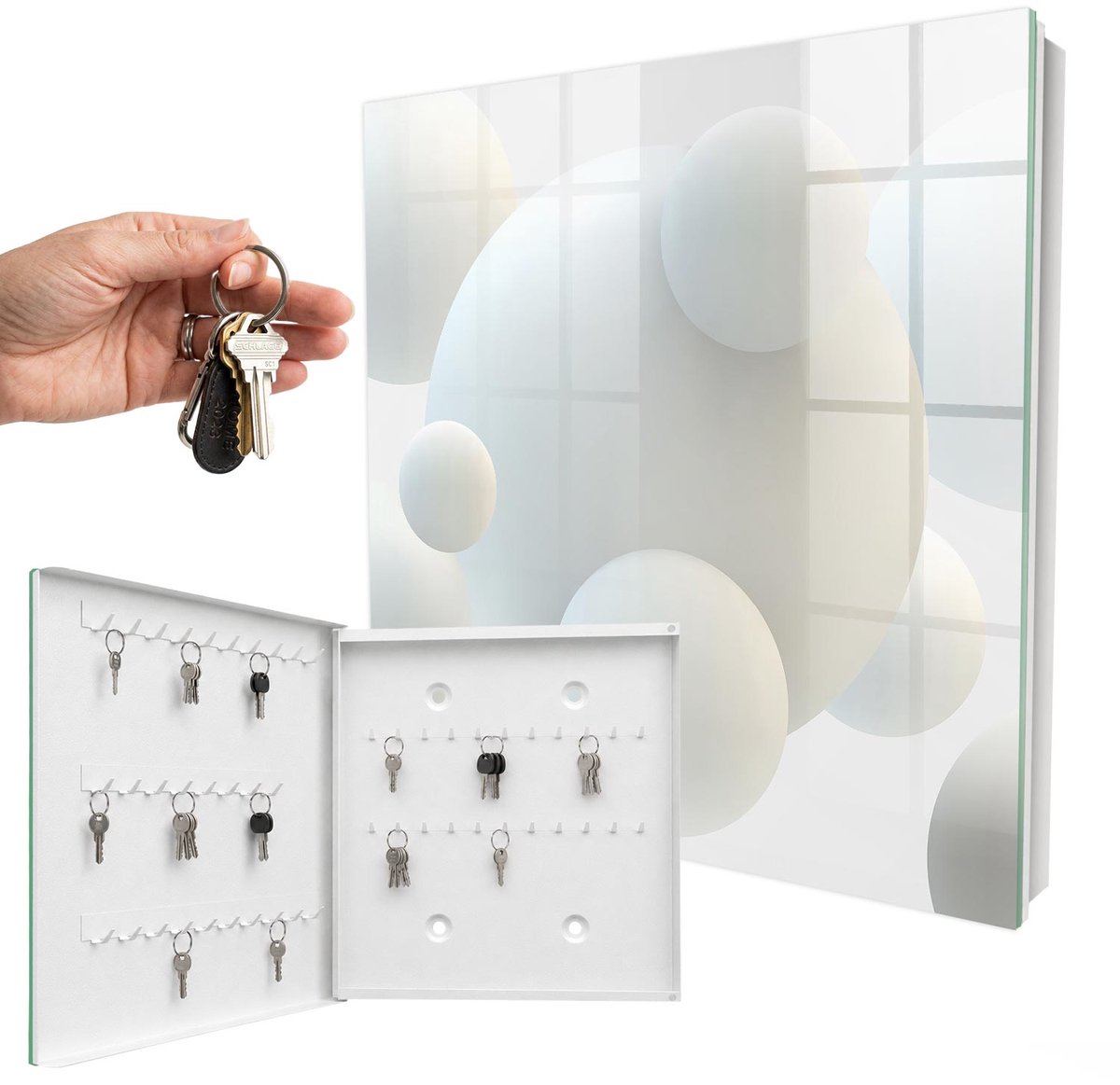WallMuralia - Sleutelkast - 30x30x5 cm - met 50 haken - Delicate Ballen Groot Sleutelkastje - Wit Sleutelbox - Linksopenend - Wit interieur