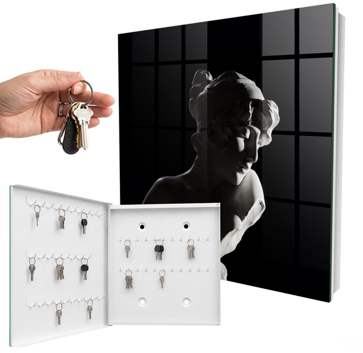 WallMuralia - Sleutelkast - 30x30x5 cm - met 50 haken - Subtiele Sculptuur Sleutelkastje Industrieel - Zwart Sleutelbox - Linksopenend - Wit interieur