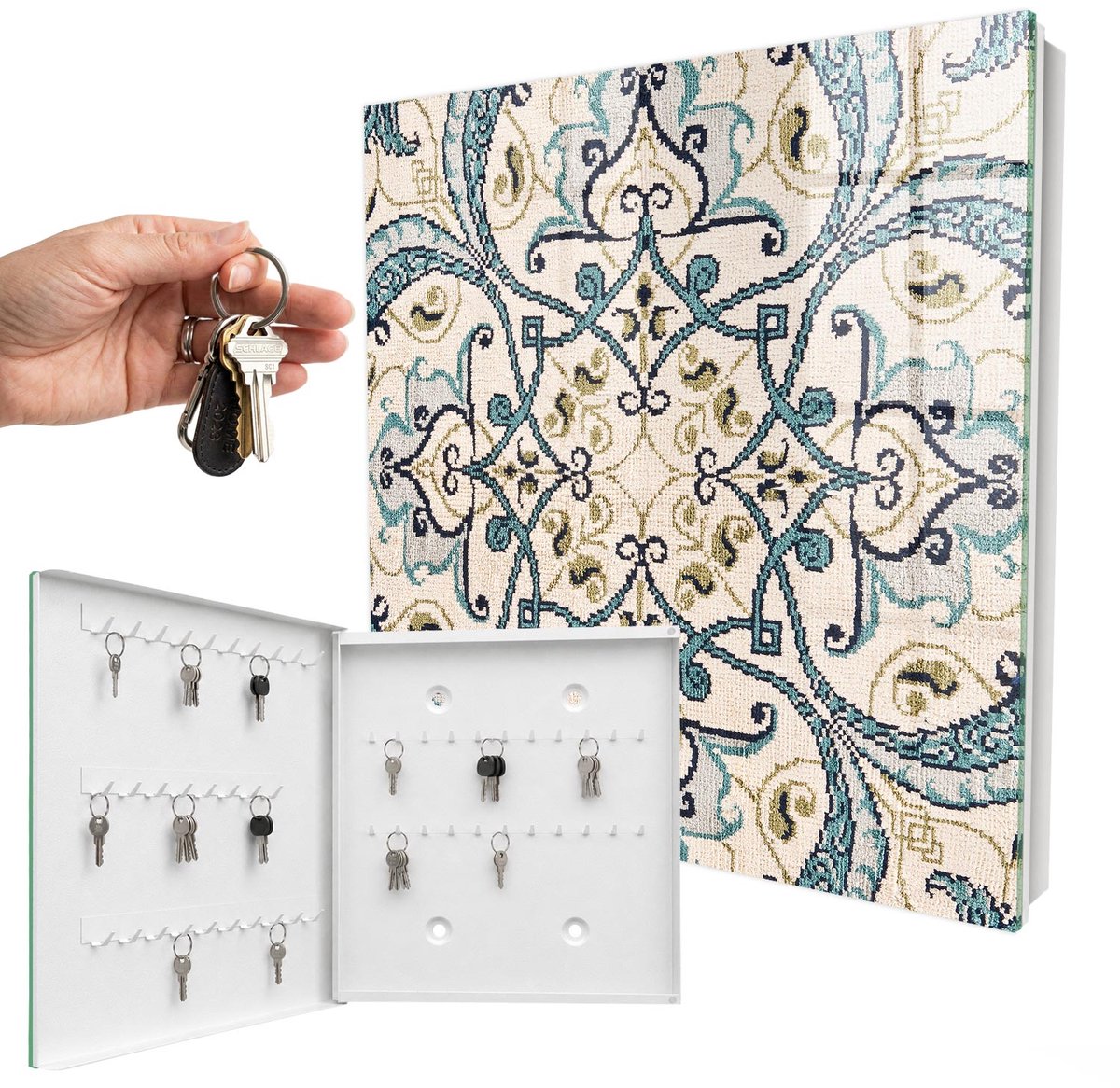 WallMuralia - Sleutelkast - 30x30x5 cm - met 50 haken - Turkooizen Ornament Sleutelkastje - Beige Sleutelbox - Linksopenend - Wit interieur