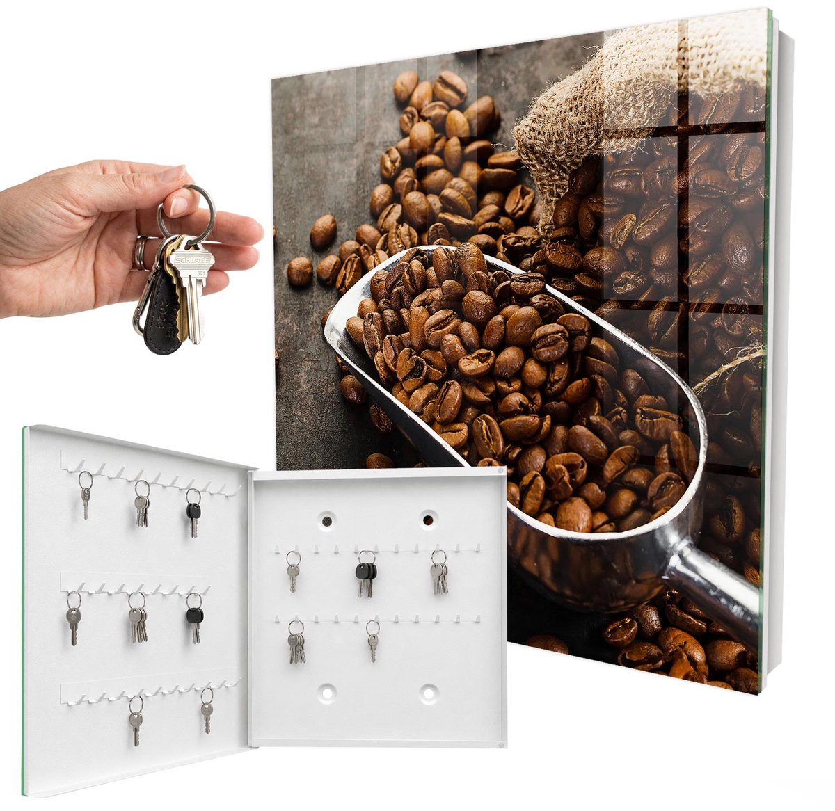 WallMuralia - Sleutelkast - 30x30x5 cm - met 50 haken - Koffiebonen Sleutelkastje Huis - Bruin Sleutelbox - Linksopenend - Wit interieur