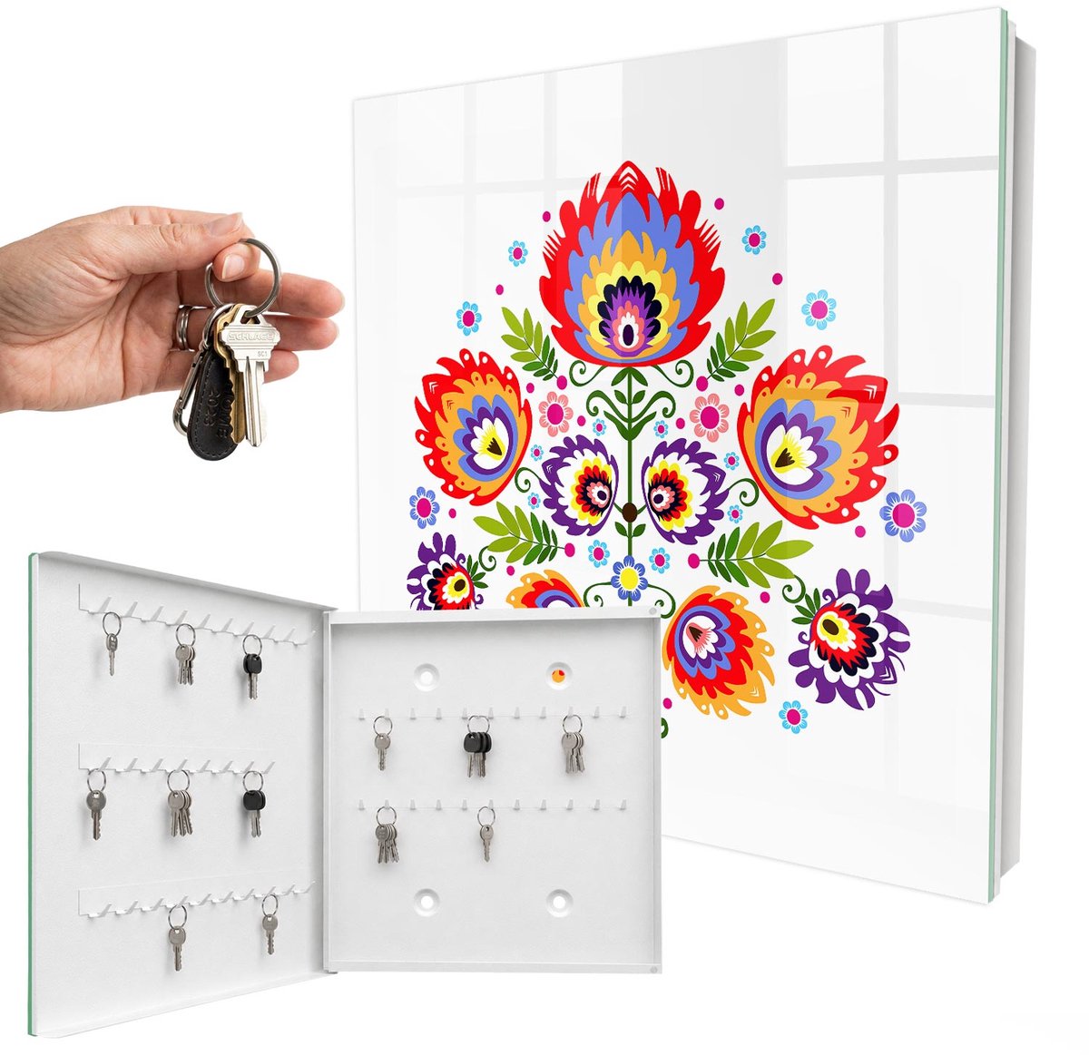 WallMuralia - Sleutelkast - 30x30x5 cm - met 50 haken - Volksbloemen Sleutelkastje Voor Binnen - Rood Sleutelbox - Linksopenend - Wit interieur