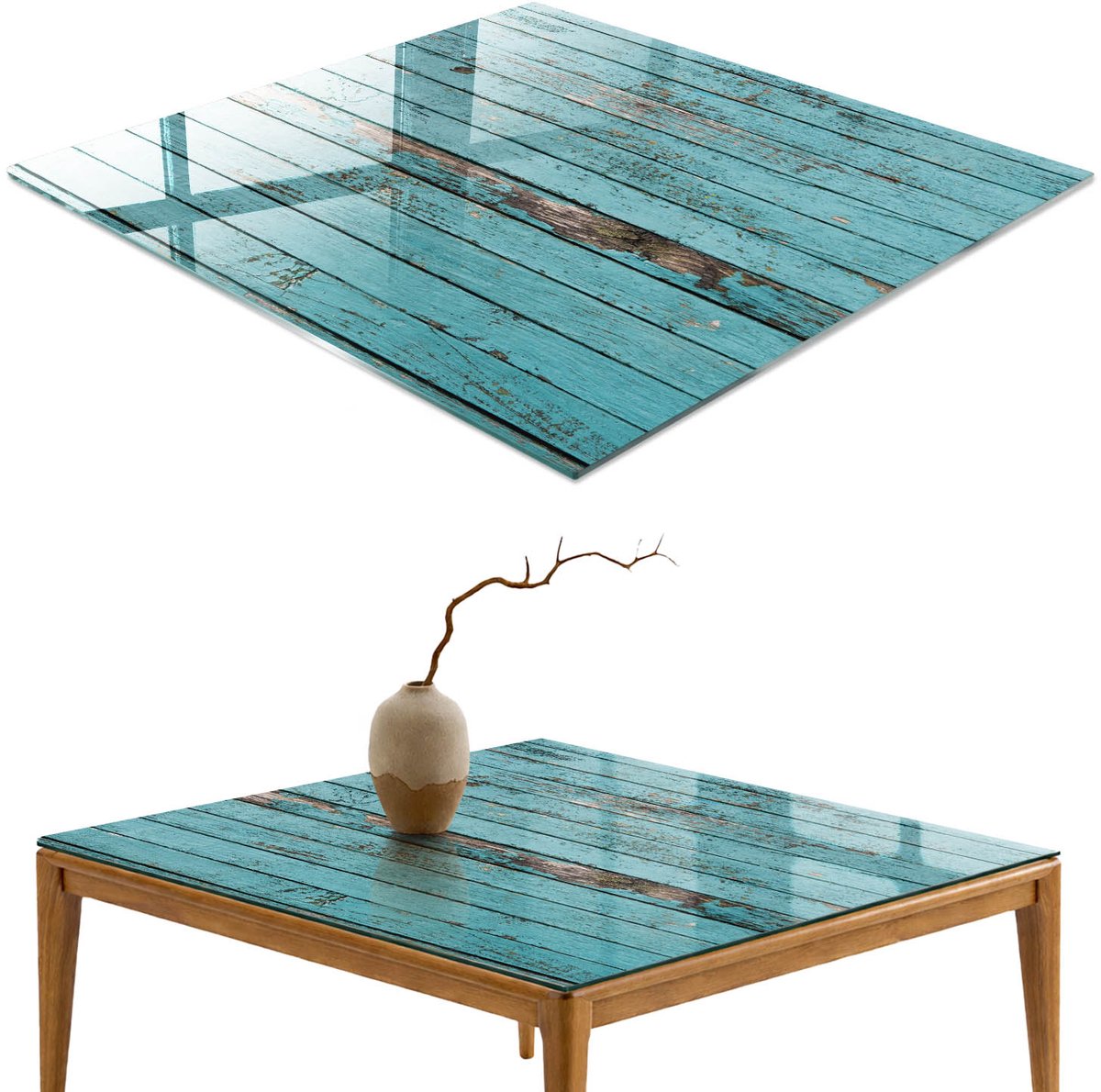 ArtPrintCave Turkooizen planken Glazen Tafelblad 60x60 cm - Tafelblad Rechthoek - Turkoois Bureaublad - Texturen Eettafel Met Glasplaat