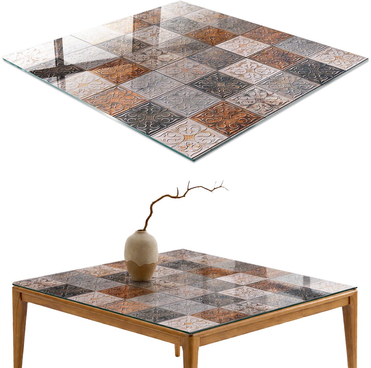 ArtPrintCave Mozaïektegels Glazen Tafelblad 60x60 cm - Tafelblad Rechthoek - Grijs Glasplaat - Texturen Glazen Eettafel