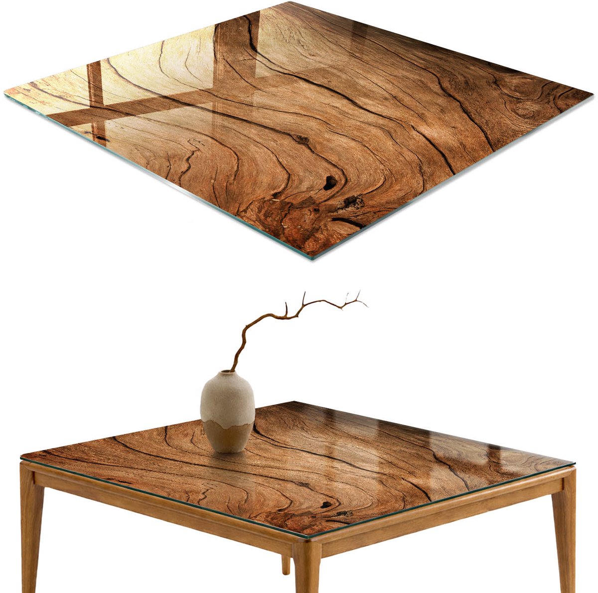 ArtPrintCave Houtstructuur Glazen Tafelblad 60x60 cm - Tafelblad Rechthoek - Bruin Keukentafel - Teksten Terrastafel