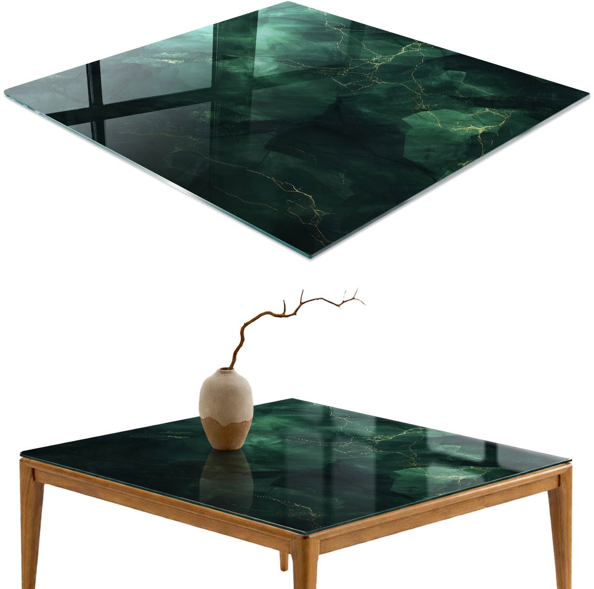 ArtPrintCave Groen Geheim Glazen Tafelblad - 50x50 cm - Tafelblad Vierkanten - Groente Tafelblad Glas - Abstractie Terrastafel