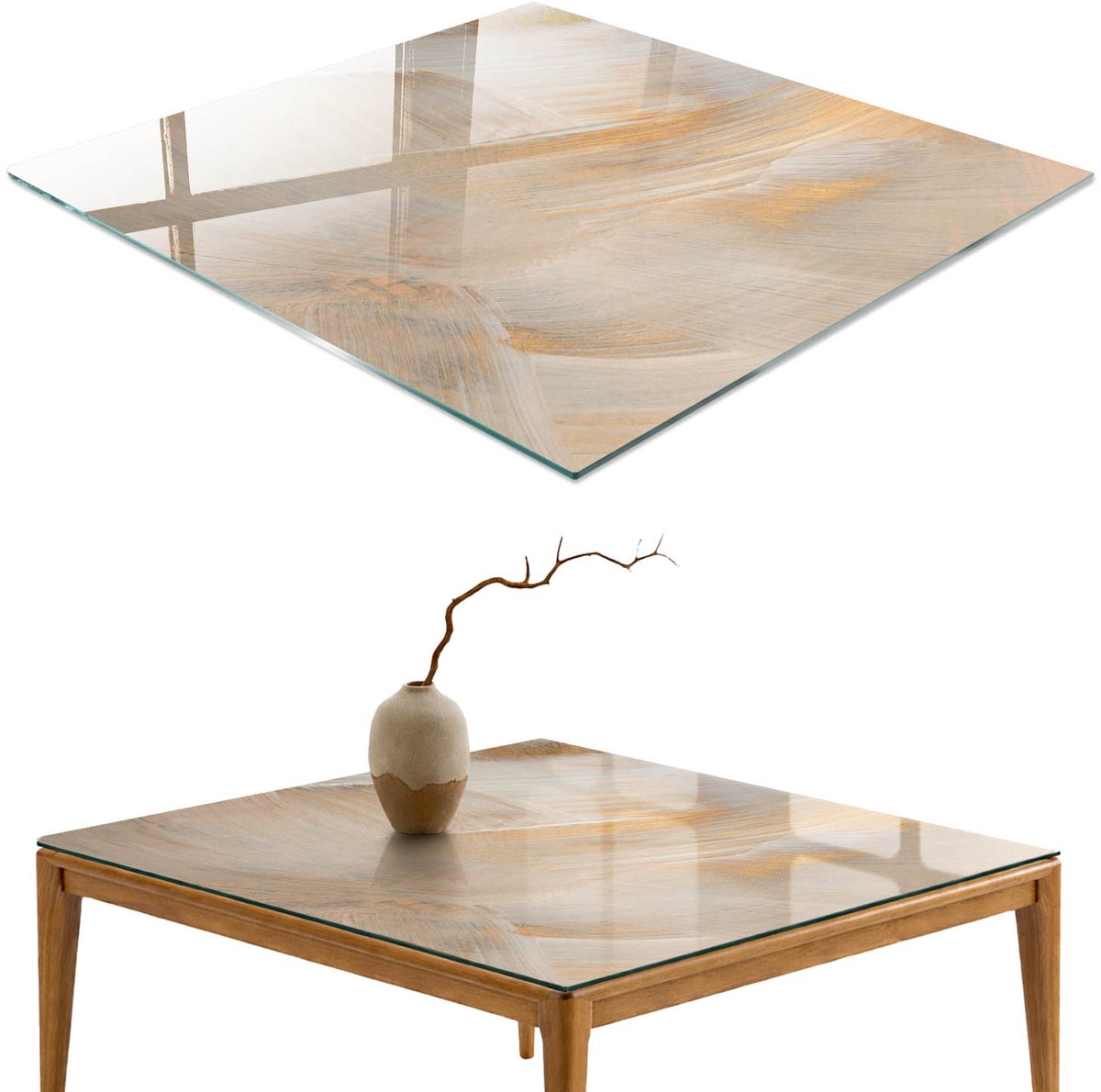 ArtPrintCave Warme abstracties Glazen Tafelblad - 50x50 cm - Tafelblad Vierkanten - Beige Tafelblad Glas - Abstractie Glasplaat