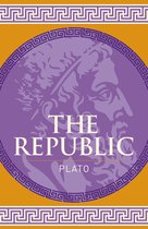 Paarse omslag met een gestileerde afbeelding van Plato en de titel 'The Republic'.