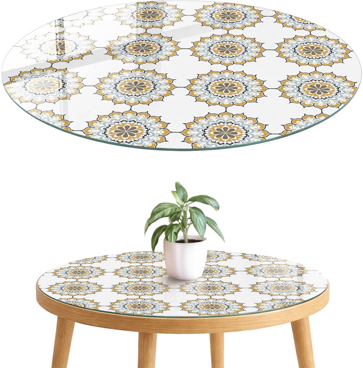 ArtPrintCave Geometrische bloemen Glazen Tafelblad fi70 cm - Tafelblad Rond - Wit Eettafel Met Glasplaat - Achtergronden en patronen Glasplaat