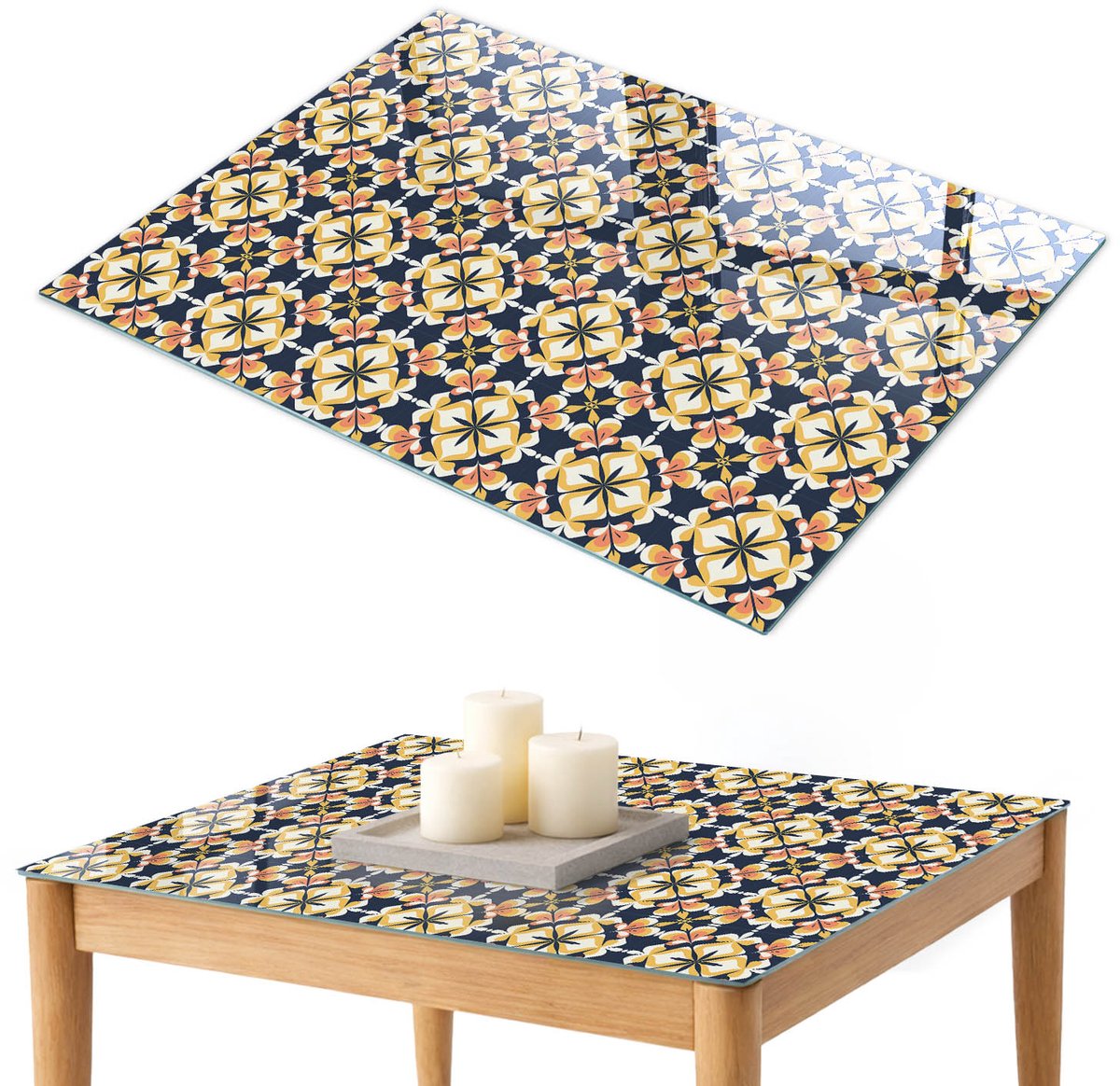 ArtPrintCave Bloemsymmetrie Glazen Tafelblad 100x70 cm - Tafelblad Rechthoek - Geel Keukentafel - Achtergronden en patronen Keukentafel