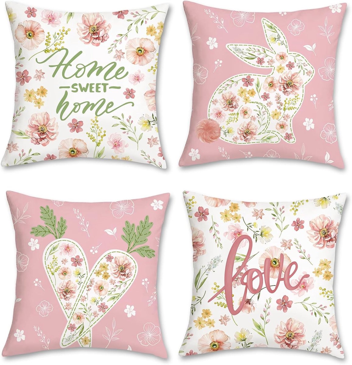 Decoratieve Kussenhoezen met Konijnen, Wortels en Bloemen - Set van 4 - 45 x 45 cm voor Sofa en Tuin Decoratie