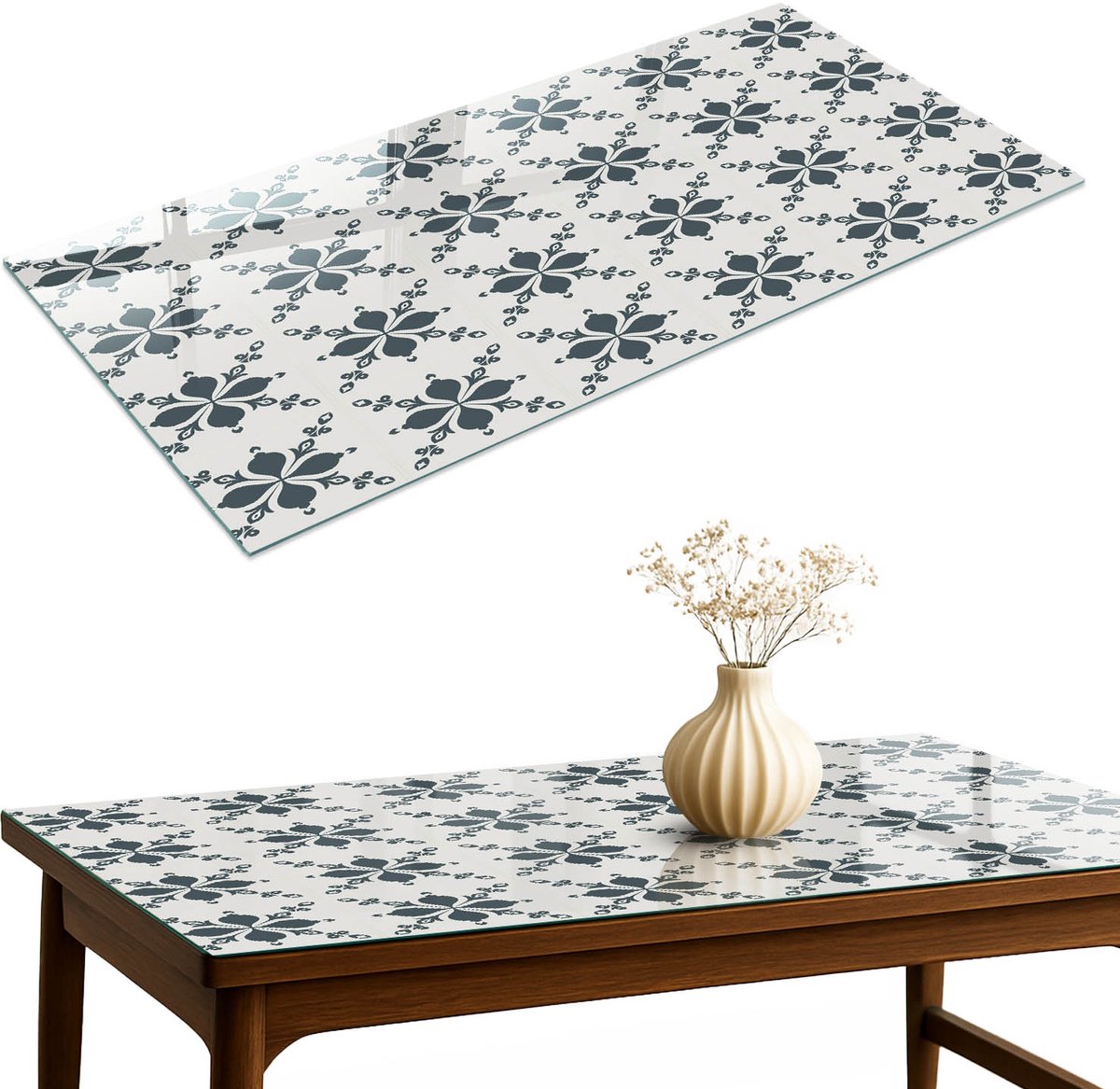 ArtPrintCave Bloemsymmetrie Glazen Tafelblad 120x60 cm - Tafelblad Rechthoek - Grijs Glazen Eettafel - Achtergronden en patronen Bureaublad
