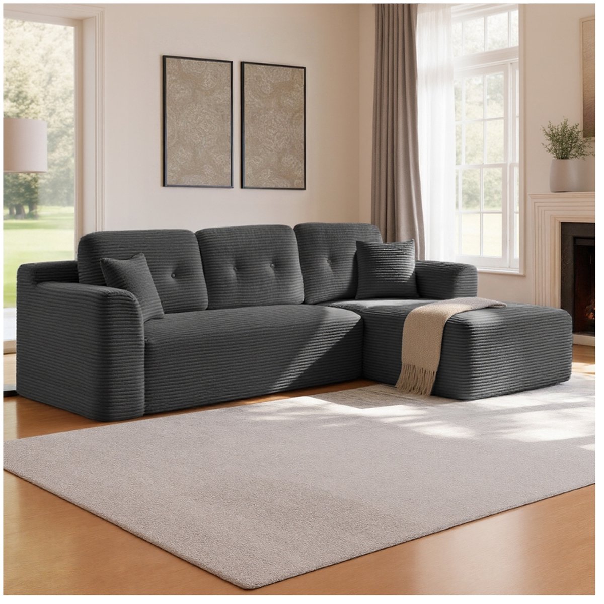 Modulaire hoekbank van 244 cm met grote chaise longue aan de rechterkant - 150 x 244 x 73 cm - Leigrijs