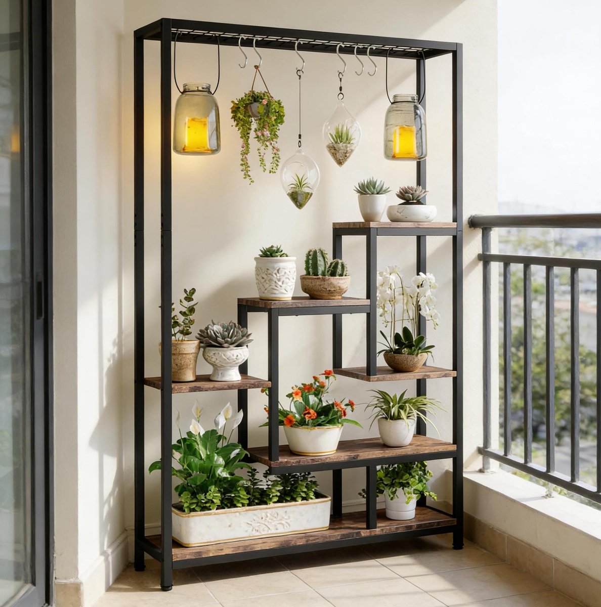 COVREO Ladderkast 100x30x180 cm zwart-bruin, metaal en hout, 7 planken