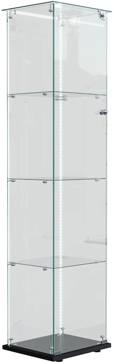 Glazen Vitrinekast Zwart - Displaykast met LED Verlichting, Slot, Glazen Planken