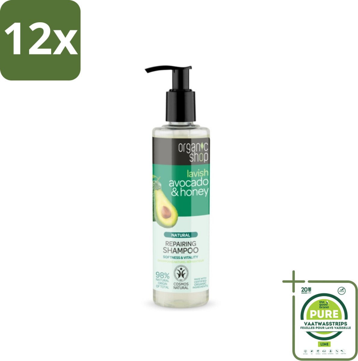 Organic Shop - Natural Repairing Shampoo - Avocado & Honey - Hydraterend en Herstellend - 280 ml - Voordeelverpakking - 12 stuks - Organische shampoo - Avocado shampoo