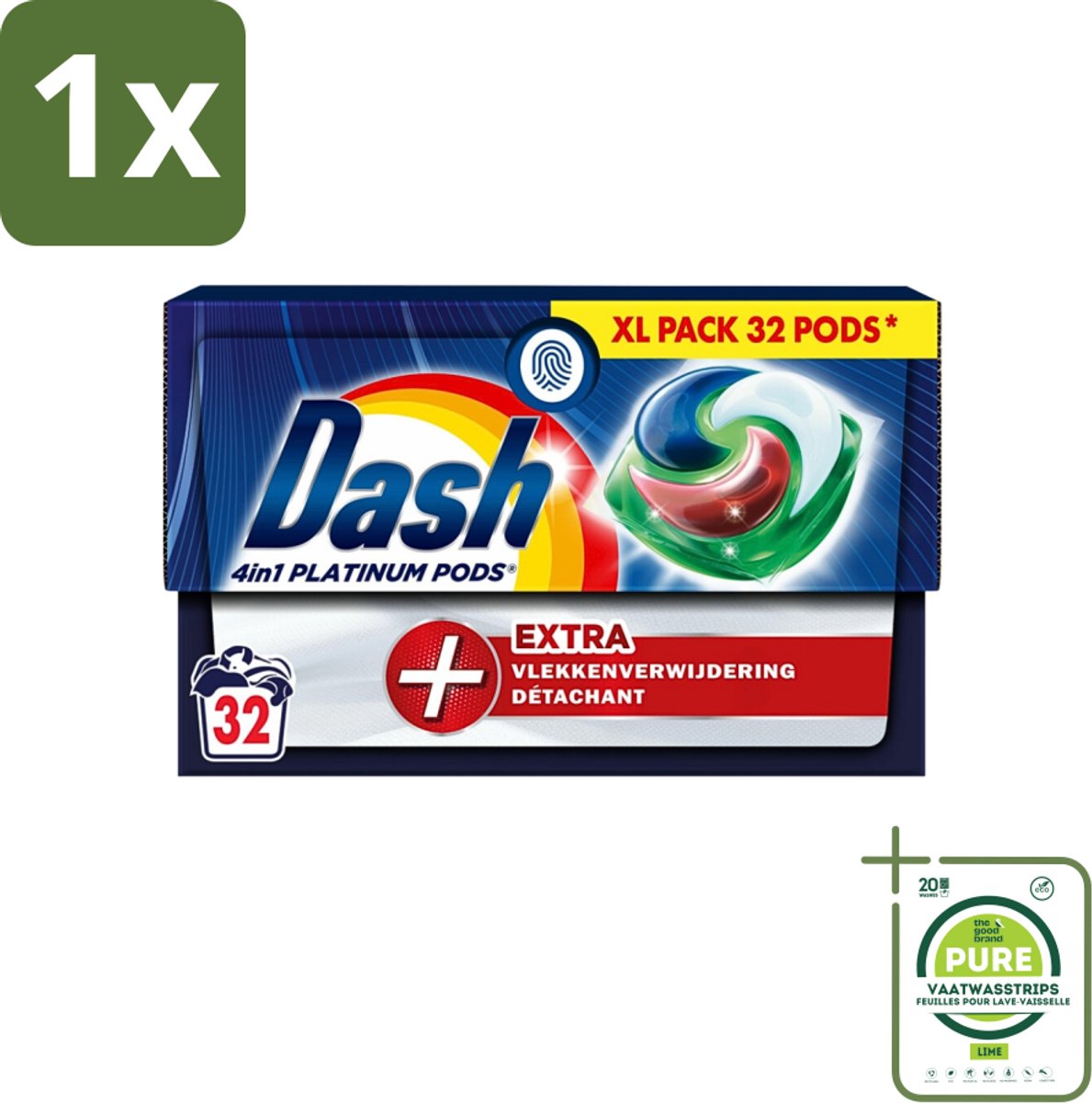 1 x Dash - 4in1 Pods +Extra Vlekkenverwijderaar - Wasmiddelcapsules - Intensieve Reiniging - 32 Wasbeurten - Wasmiddelcapsules - Vlekkenverwijderaar - Intensieve Reiniging - Waspoeder - Wasmiddel