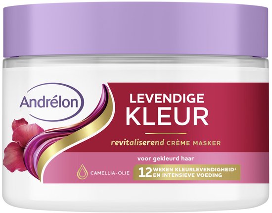 Andrélon Levendige Kleur crème haarmasker pot met paarse deksel, roze en gouden accenten en rode bloemen.
