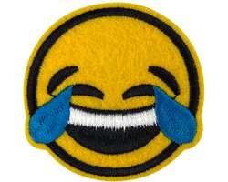 Emoji Smiley Huilen Lachen Strijk Embleem Patch 6.2 cm / 6.2 cm / Geel Zwart Blauw Wit