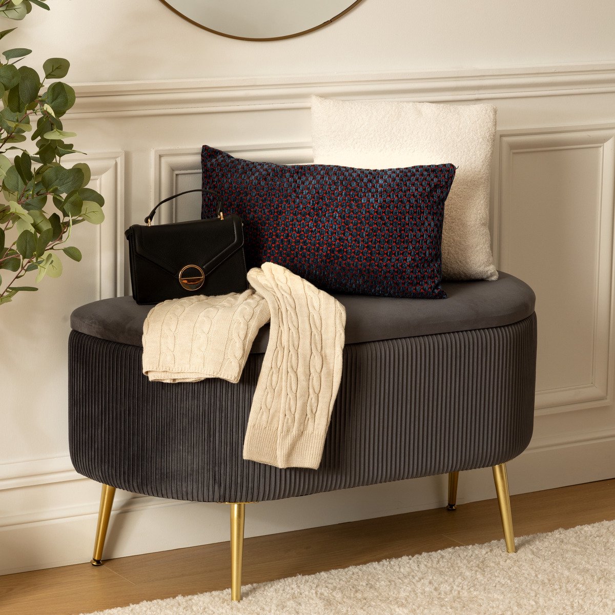 Atmosphera Solaro fluwelen bankje met opbergruimte - 100x40x53cm - Donkergrijs