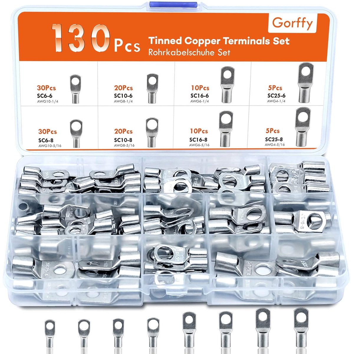 SnelShoppen - Kabelschoen Set van 130 Stuks, Assortiment 25 mm², 16 mm², 10 mm², 6 mm², Ringkabelschoenen voor Auto's, Accu-kabels, M6, M8