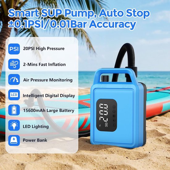 Elektrische SUP Pomp - Luchtpomp Kajak - Water Sporten - Intelligente Inflatie - 20 PSI - Blauw — afbeelding 4