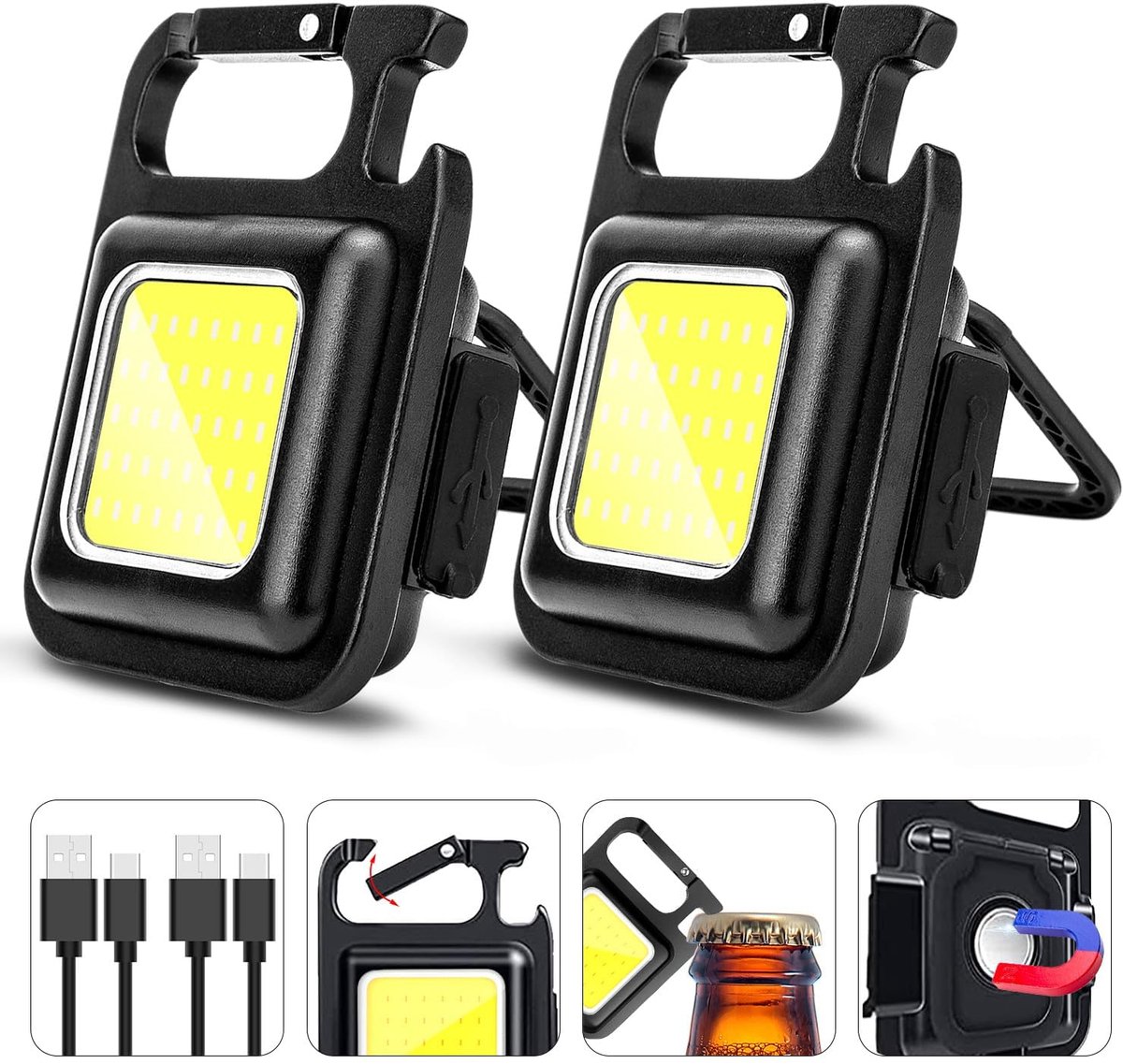 Namajunas - 2-stuks Zwarte Sleutelhanger zaklamp - Oplaadbare LED-werklamp met magneet, clip & flesopener - Handsfree gebruik voor autoreparaties, noodgevallen, kamperen en buitenactiviteiten - Draagbaar - Multifunctionele opener - Flesopener