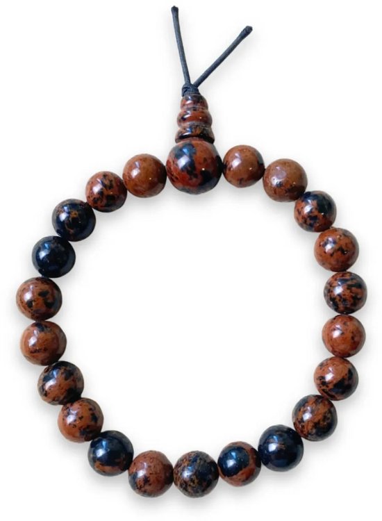 Mahonie obsidiaan kralen armband met bruine en zwarte patronen.