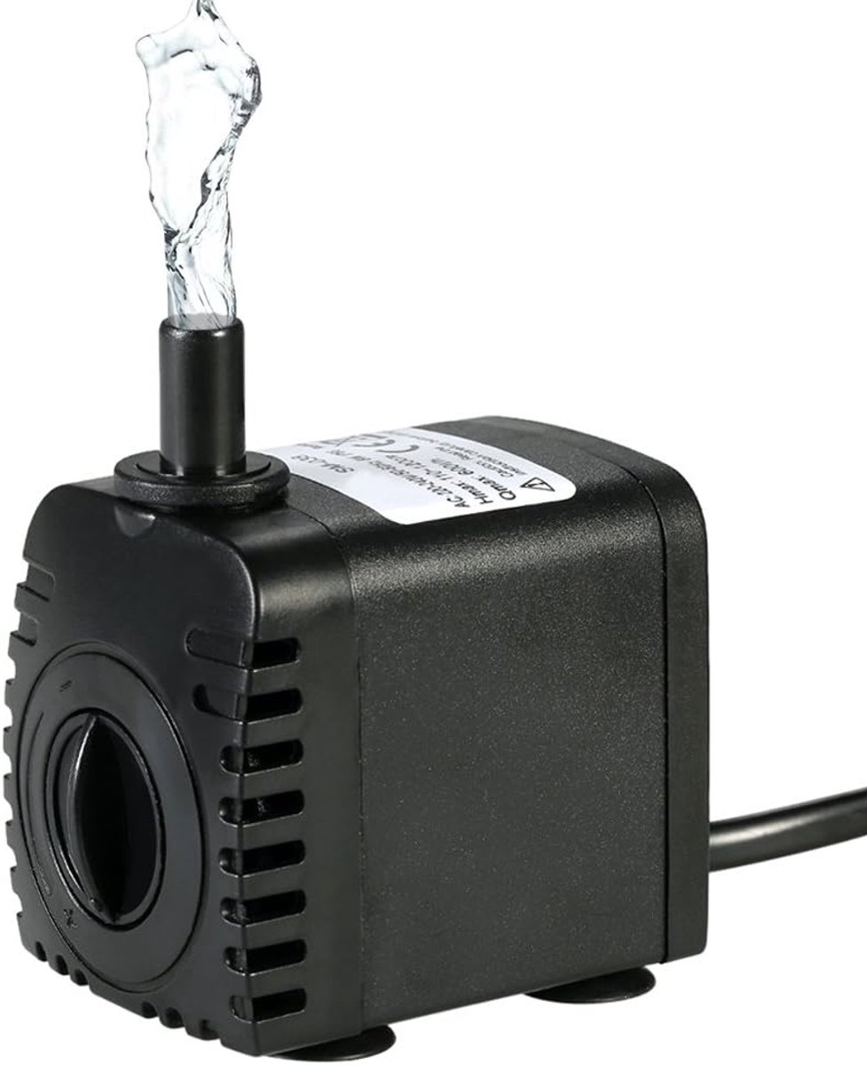 Mini-waterpomp, 600 l/u, 8 W, dompelpomp, aquariumpomp, onderwaterpomp, waterspeelpomp met 2 sproeiers voor fontein, aquarium, vijver, tuin, met EU-stekker