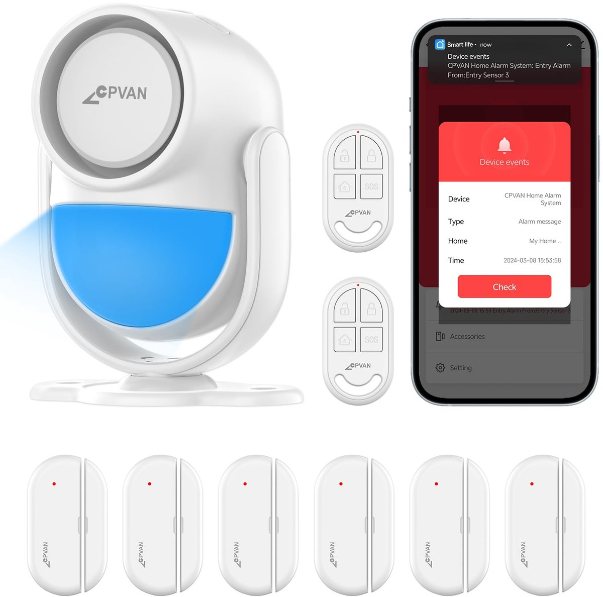 SnelShoppen - CPVAN WiFi PIR Alarmsysteem, Bewegingsmelder, Inbraakbeveiliging, Raam-/Deursensor, Afstandsbediening en App, Wit, Zonder Contract en Ko