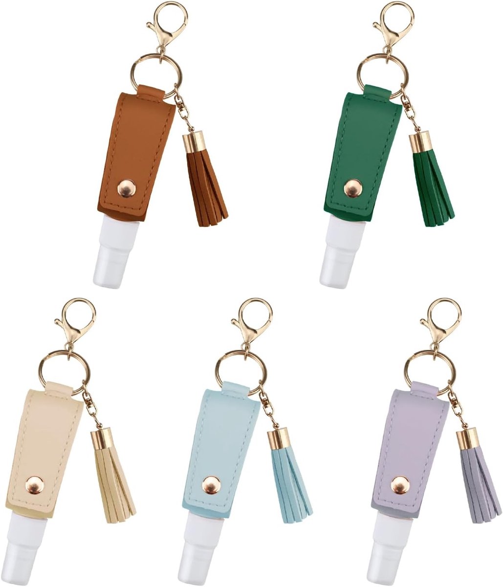 5 stuks draagbare lege reisfles sleutelhanger, 1 oz/30 ml PU lederen lotionhouder sleutelhanger navulbare handwasvloeistofhouder knijpflessen (kaki, paars, groen, lichtblauw en bruin)