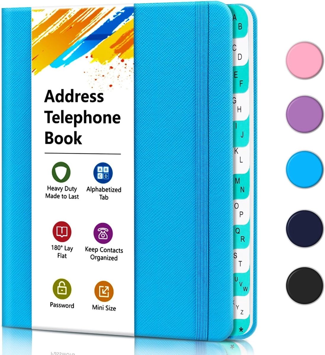 Adresboek met alfabetische tabbladen, hardcover telefoonboek, harde kaft klein draagbaar adresboek - contacten bijhouden, speciale datums en internetaanmeldwachtwoorden, 15,5 x 11,9 cm - blauw