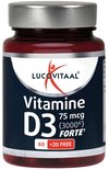 Bruine fles met zilverkleurig deksel, label met "Vitamine D3 75 mcg (3000IE) FORTE".