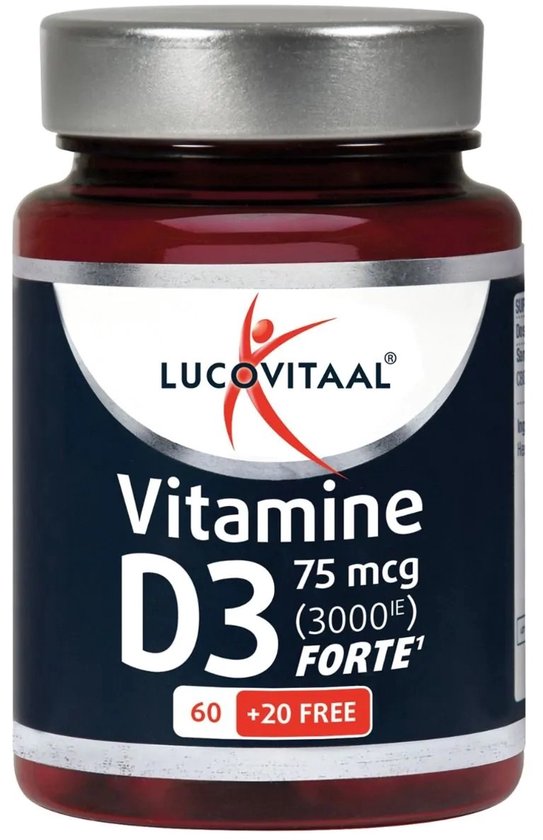 Bruine fles met zilverkleurig deksel, label met "Vitamine D3 75 mcg (3000IE) FORTE".