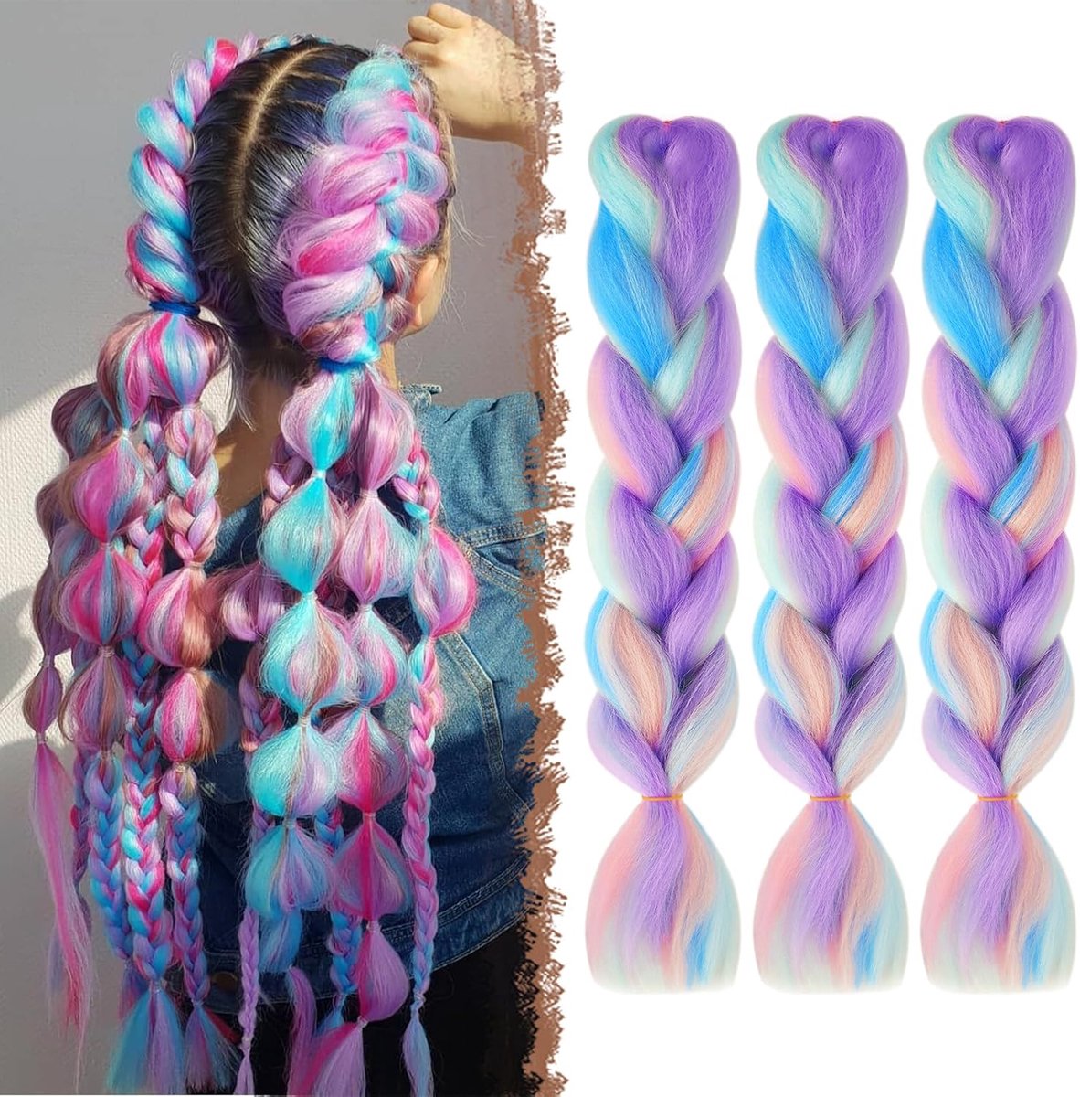 Haarextensies Vlechten - 3 PCS Jumbo Vlecht Haak Synthetische Kanekalon Vlechten haar Extensions voor Twist Crochet Braids, 60cm Purper/Blauw/Roze/Groen