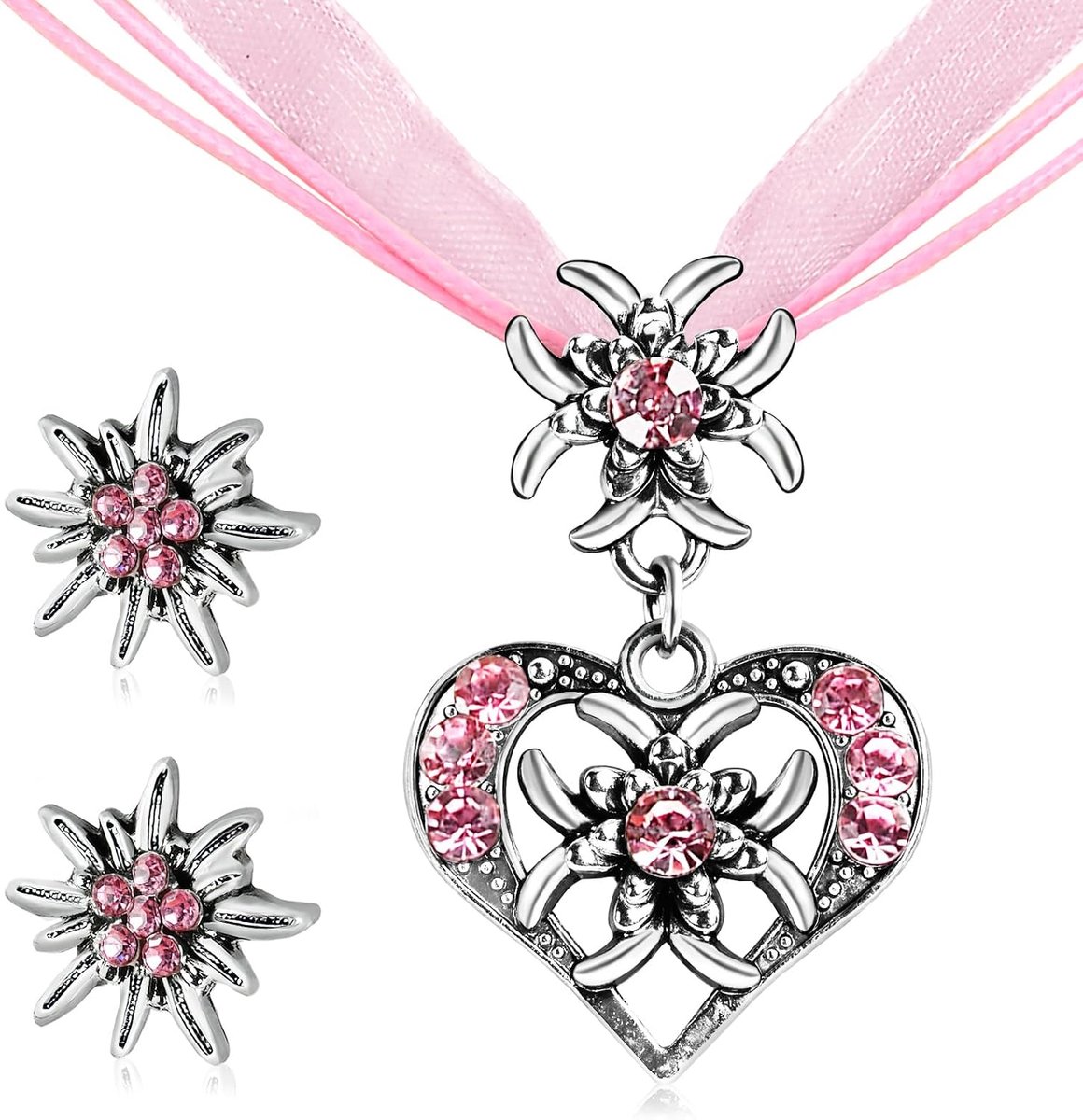 klederdrachtsieraad voor dames, Beierse dirndl-sieraden, klederdrachtketting met edelweiss-hartvormige hanger en edelweiss oorstekers voor dames, bierfeest, klederdracht-outfit