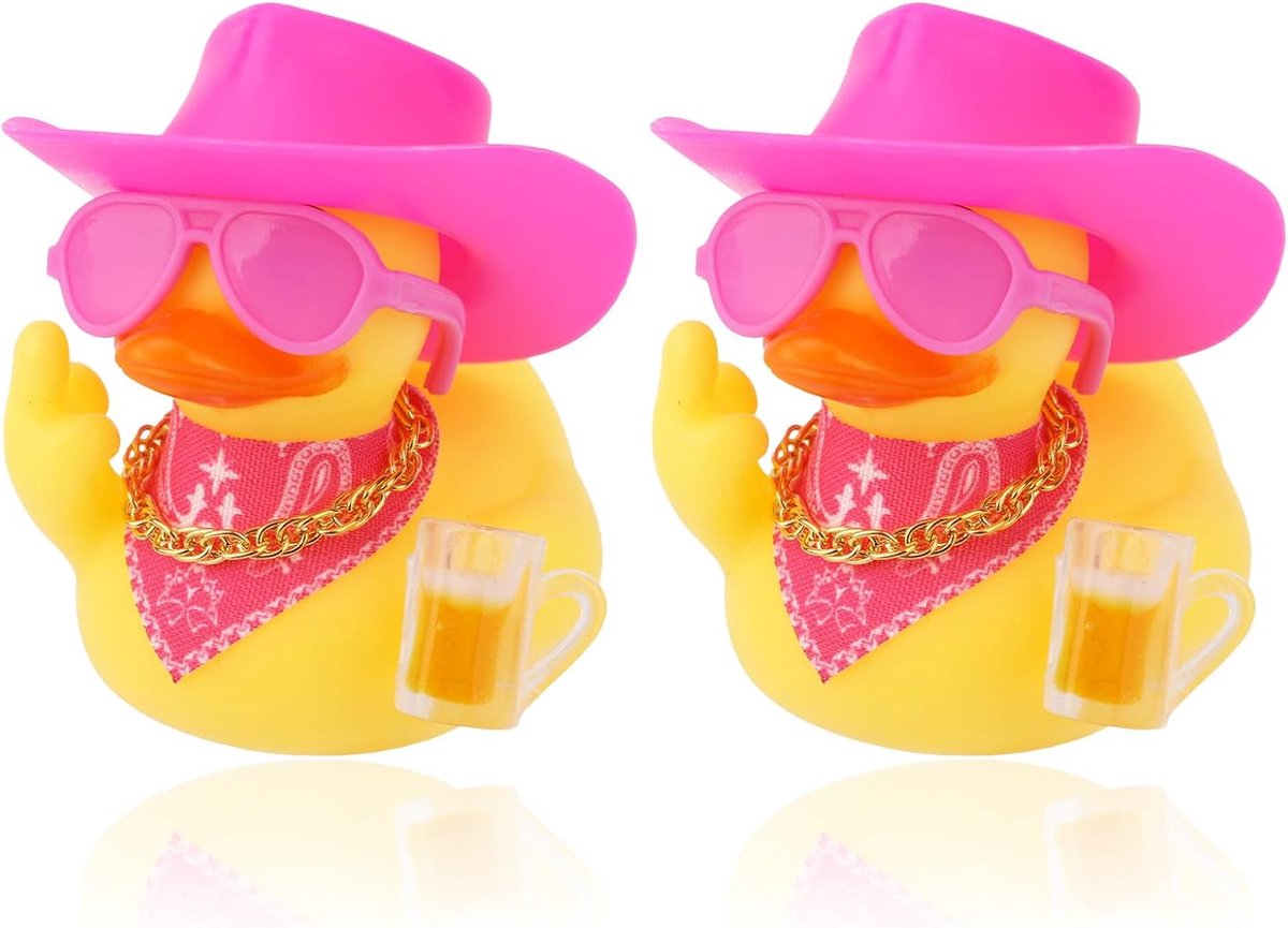 2 Stuks Grappige Rubberen Eendjes voor op Het Dashboard, Schattig Auto Rubberen Eendje Ornament met Minibril Muts Sjaal Accessoires voor Thuis op Kantoor Koelkast Decoratie (Roze)
