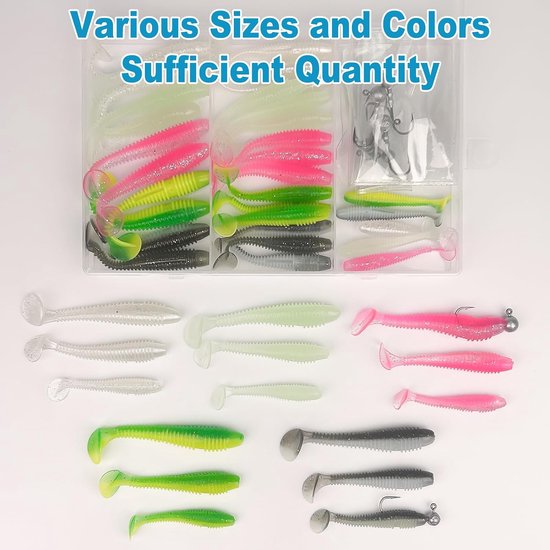 45 stuks zacht visaas en 10 stuks driehoekige jigkoppen voor spinvissen, 5,5 cm + 6,5 cm + 7,5 cm visaas, zwemaas, rubberen visaas met jigkop en kunststof doos, 5 kleuren — afbeelding 5