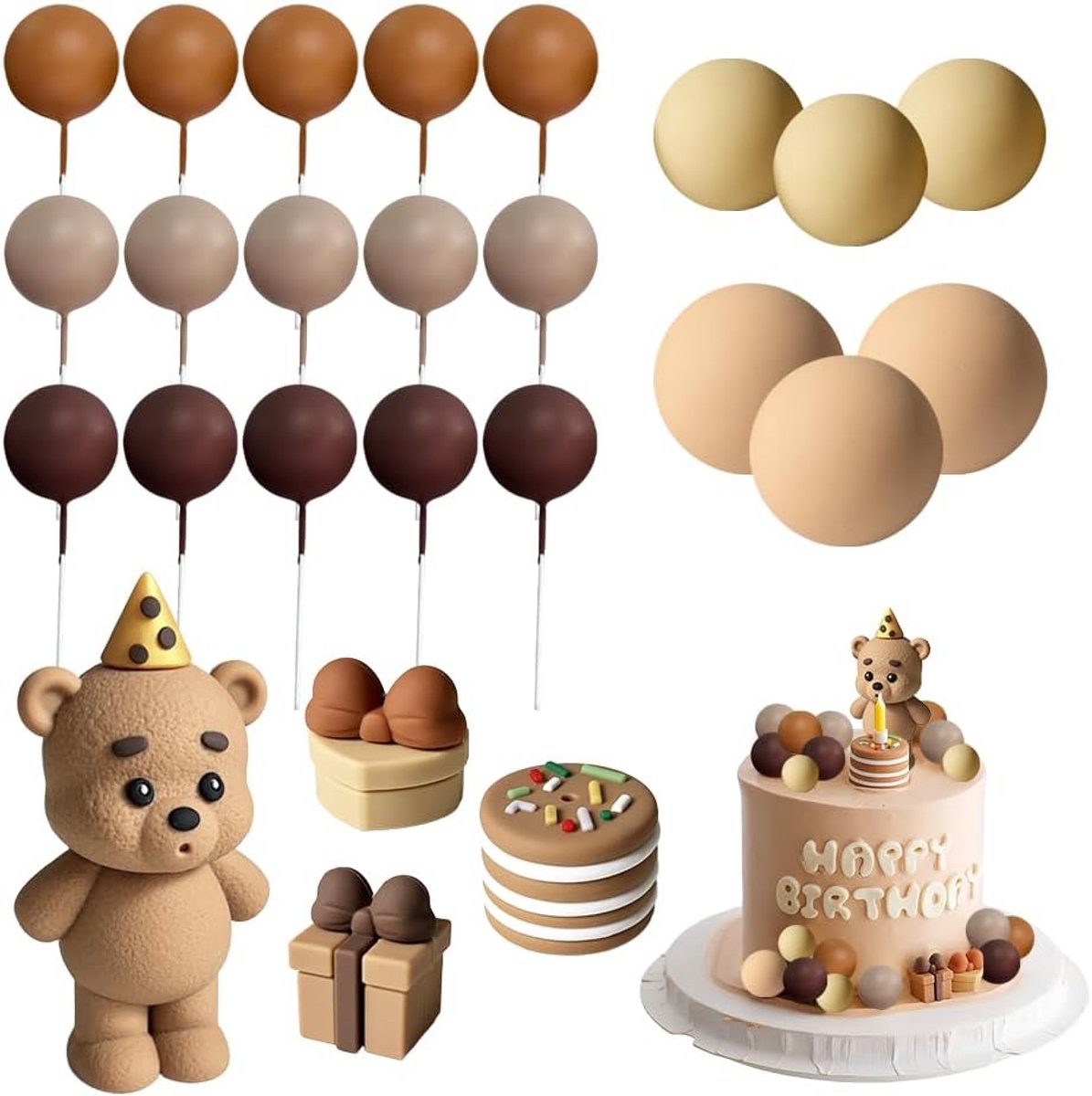 25 stuks taartdecoratie teddybeer verjaardag, taartdecoratie ballen, teddybeer taarttoppers, taarttoppers, beer, verjaardagsdecoratie, taartdecoratie, babyshower, cupcake-decoratie voor jongens