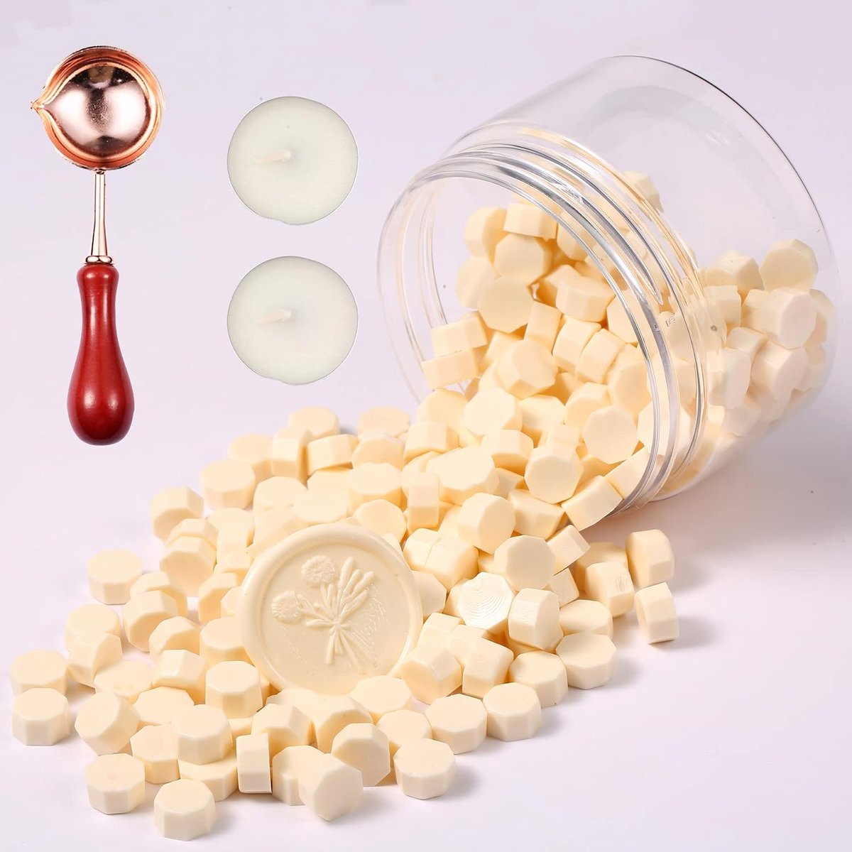248 stuks zegelwasset, macaron-kleur, achthoekige zegelwasparels met 2 theelichtjes en 1 smeltlepel, zegellak voor waszegel, stempel-melkwit