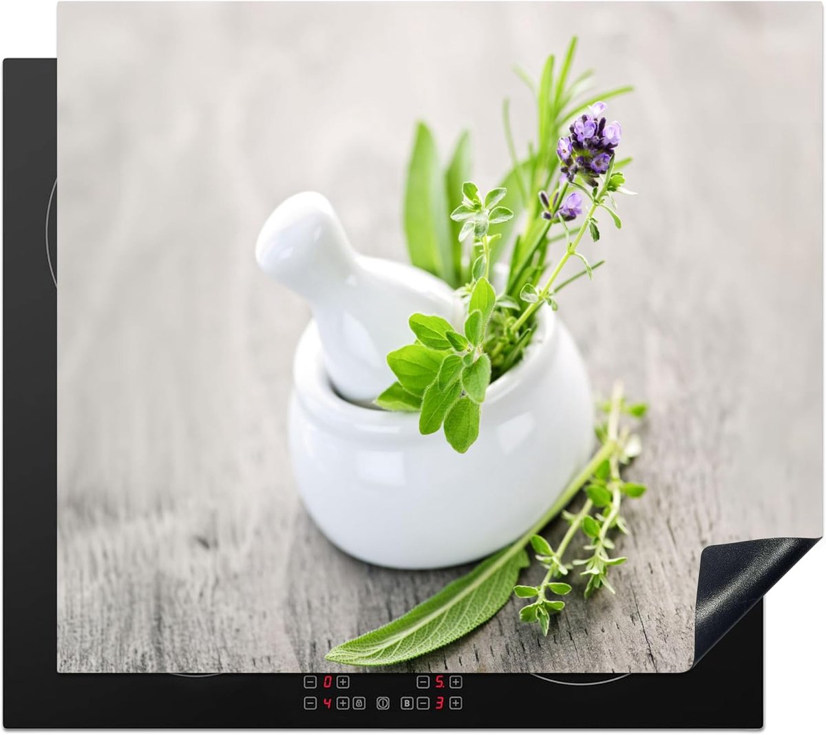 SnelShoppen - Inductiekookplaat Bescherming 60x52cm Keuken Decoratie Hob Protector Antislipmat - Kruidenschema - Groen - Wit - Container