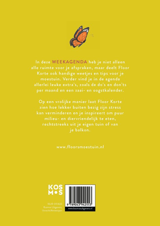 De cover van de "Moestuin Agenda" met een vlinder en informatie over de inhoud.