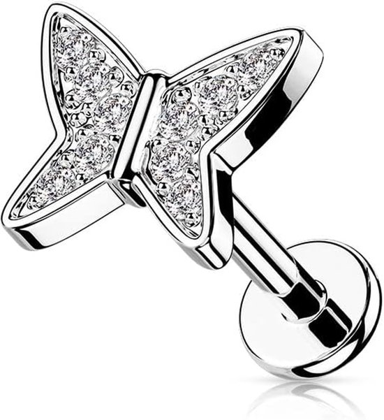 1 kraakbeen oorsteker, vlinder zilver, goud, roségoud, pavé zirkonia, Clear piercing-s chirurgisch staal, schroefsluiting, staafje, 6/8 mm lang, 6 mm, Roestvrij staal — afbeelding 3