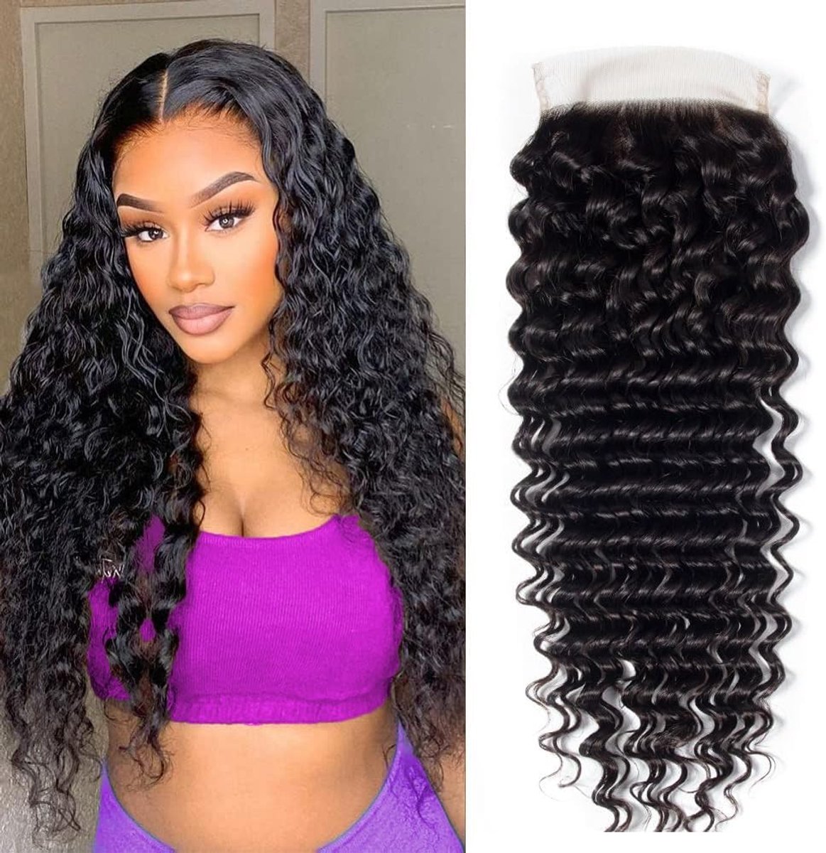 4x4 Lace Closure Braziliaans Haar Deep Wave HD Transparante Swiss 100% Onbewerkt Haar Krullend Natuurlijke Kleur (16 inch) | Braziliaans haar, dames, echt haar, HD, transparant, Zwitserse kanten sluiting, diepe golf, echt haar, vrij deel