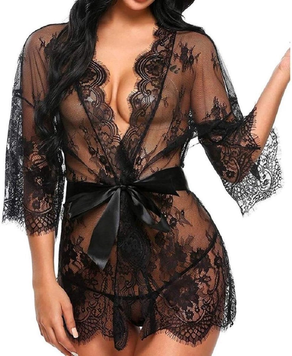 Nachtjurk voor dames, kant, met G-string, nachtkleding, nachtkleding, nachtkleding, nachtkleding, nachtkleding, nachtkleding, met badjas, zwart., XL