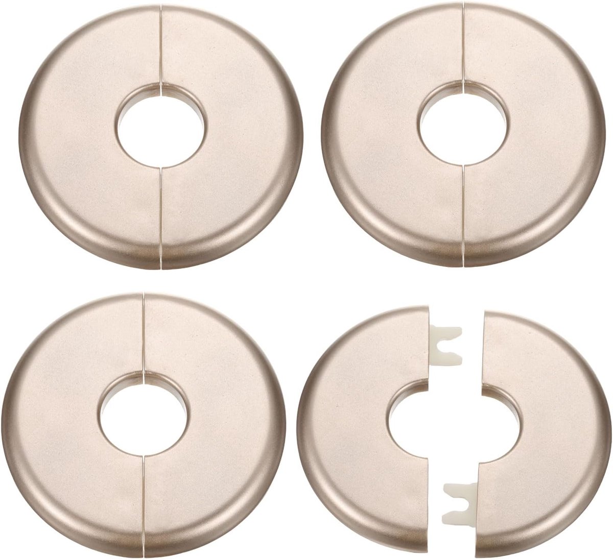 4 stuks wandsplit-flens 22,5 mm/0,9 inch, zelfklevende buisafdekplaten, ABS-kunststof, ronde rand, beugeldesign voor waterleiding, badkamer, keuken, decoratie, goudtint