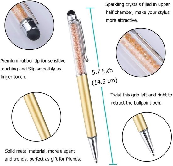 capacitieve 2-in-1 touchscreen-pen en balpen met kristallen. Pen zakje en pen navulling inbegrepen (latte) — afbeelding 4