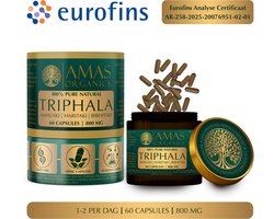 AMAS ORGANICS | 100% PURE NATURAL TRIPHALA CAPSULES | 800 MG | 60 CAPSULES | VEGAN | PUUR EN NATUURLIJK | RECYCELBARE GLAZEN POT | EUROFINS ANALYSE CERTIFICAAT AR-258-2025-20076951-02-01 MEEGESTUURD BIJ ELKE BESTELLING