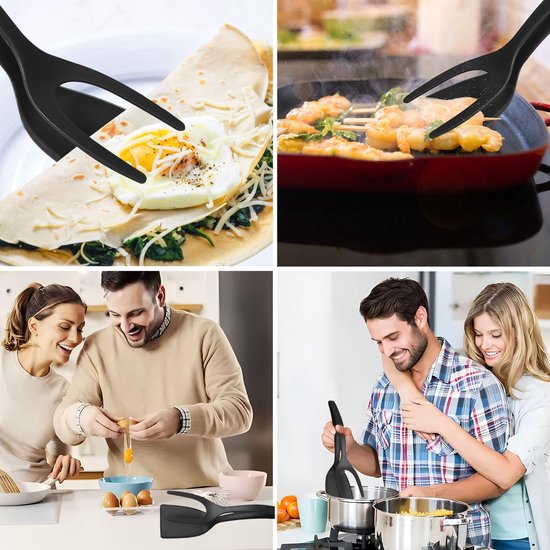 2 in 1 Eierspatel, Antiaanbaklaag Nylon Gebakken Eierdraaiers 2 in 1 Spatel en Tang voor koken Omklapbare Spateltang Grillklemflipper 2 in 1 Schep Keukengereedschap voor Toast Taart (Zwart) — afbeelding 5