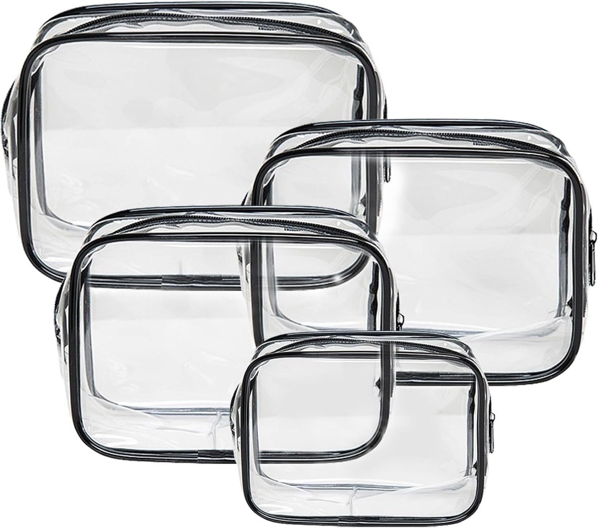 toilettas, 4 stuks, make-uptas, transparant, pvc, waterdicht, grote reis-toilettas voor mannen, vrouwen en kinderen (zwart), zwarte rits, Modern Fashion